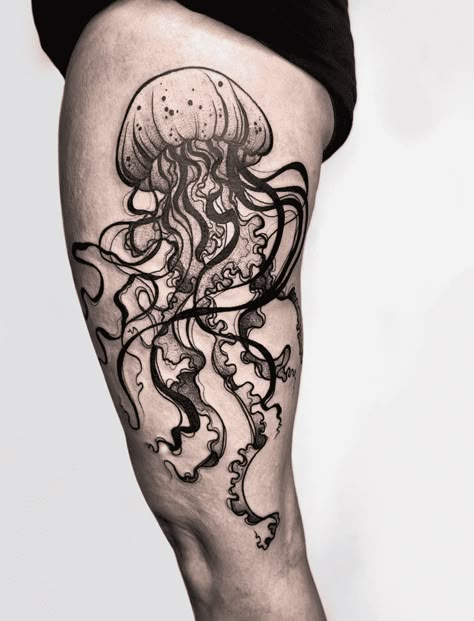 Jellyfish Tattoo Design Images (Jellyfish Ink Design Ideas) Ocean Drawings Pencil, Goth Jellyfish Tattoo, Jellyfish Tattoo On Leg, Jellyfish Tattoo Realistic, Large Jellyfish Tattoo, Neo Traditional Jellyfish, Jellyfish Sleeve Tattoo, Octopus Tattoo Leg, Jellyfish Hip Tattoo