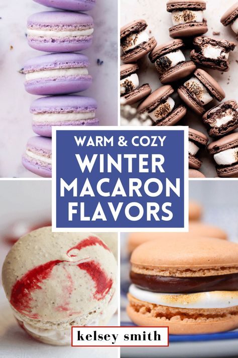 Four images in a grid. The top left image is three lavendar macarons stacked. The top right image shows several chocolate macarons on their side to show a toasted marshmallow filling. The bottom left image is a peppermint swirl macaron. The bottom right image is a s'mores macaron with ganache and marshmallow fluff filling. New Year’s Eve Macarons, Macaron Flavors Ideas Christmas, Macaron Christmas Flavors, Winter Macarons Flavors, Popular Macaron Flavors, Peppermint Mocha Macarons, Christmas Maccarone Recipes, Christmas Flavor Macarons, Macaron Recipe Christmas