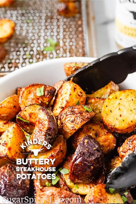 Guest post... These crispy baby potatoes are DELISH, buttery, & perfectly seasoned. These Air Fried Buttery Steakhouse Potatoes are made with Kinder’s® Buttery Steakhouse Rub. @kinderssauce seriously gives you 20 minute flavors in 20 seconds. Kinders Seasoning Recipes, Kinder Recipes, Buttery Steakhouse Seasoning, Steakhouse Sides, Crispy Baby Potatoes, Steakhouse Seasoning, Steakhouse Potatoes, Sausage And Potato Bake, Steakhouse Recipes