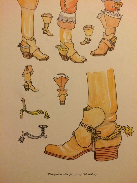 17thC-Spurs-Sketch Cavalier Boots, James Reynolds, 17th Century Clothing, 17th Century Fashion, Historical Shoes, Contemporary Costumes, Tooling Patterns, Empire Romain, Century Clothing