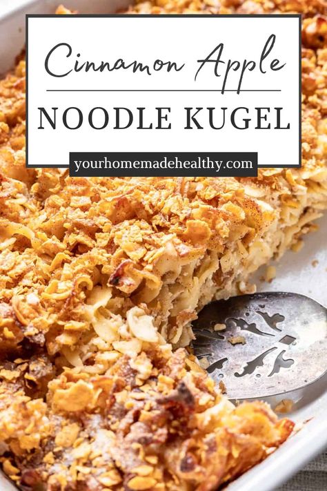 This Cinnamon Apple Noodle Kugel is better than any kugel from a Kosher deli. It's sweet, creamy, and sprinkled with the best crunchy corn flakes topping. Enjoy this traditional Jewish dish year round for holidays, brunch, or family gatherings. Best Noodle Kugel Recipe, Pineapple Kugel Recipe, Jewish Noodle Kugel Recipe, Savory Noodle Kugel Recipe, Sweet Noodle Kugel Recipe, Cornflake Recipes, Jewish Desserts, Noodle Kugel Recipe, Hannukah Recipes