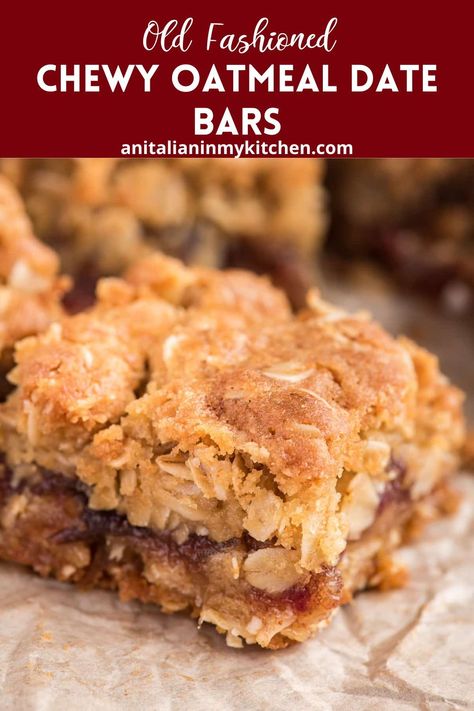 This easy Old Fashioned recipe for Date Squares, has a tasty date filling sandwiched between a chewy oatmeal crumble. They make the perfect dessert or snack, also known as Date Slices or Matrimonial Bars they are a delicious addition to your Holiday cookie tray! Chewy Date Bars, Walnut And Date Recipes, Snicker Bar Dates, Best Date Recipes, Easy Date Dessert Recipes, Date Bars Recipe Simple, Recipe For Date Squares, Oatmeal Date Bars, Date Bars Recipe