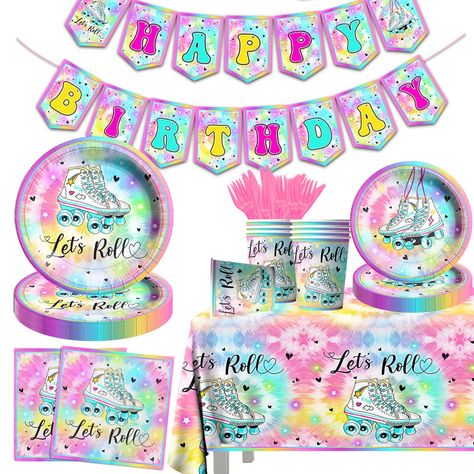 PRICES MAY VARY. 【Tie Dye Roller Skate Party Tableware】Ice Roll party decoration includes -1 piece tablecloth 70.8x42.5inch, 20 pieces paper plates (9inch), 20 pieces dessert plates (7inch), 1 piece Roller Skate birthday banner (5.51x7.08inch), 40 pieces napkins (6.5x6.5inch), 20 pairs knives and forks, and 20 pieces cups (90oz). This Roller Skate birthday set can be used by 20 people, Perfect for decorating birthday parties for boys and girls! 【High Quality 】The roller skating party set is made 30th Roller Skating Party, Roller Skating Bday Party, Roller Skating Birthday Party Ideas, Roller Skating Birthday Party, Roller Skate Party, Roller Skate Birthday Party, Skating Birthday Party, Skate Birthday Party, Party Utensils