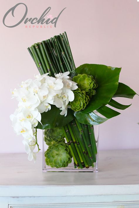 A magnificent flower arrangement showcasing a captivating cascade of white phalaenopsis orchids nestled against gorgeous green rosette-forming succulents and glossy leaves in emerald hues. It is presented in a slim, clear glass vase where you can see more succulents daintily floating in the water and a bunch of bamboo stems for a tasteful tropical touch. Phalaenopsis Orchid Arrangement, Parallel Flower Arrangement Design, Ikebana Bamboo Arrangements, Linear Floral Arrangement, Bamboo Flower Arrangement, Orchid Arrangements Centerpieces, Low Flower Arrangements For Table, Masculine Flower Arrangements, Green White Centerpiece