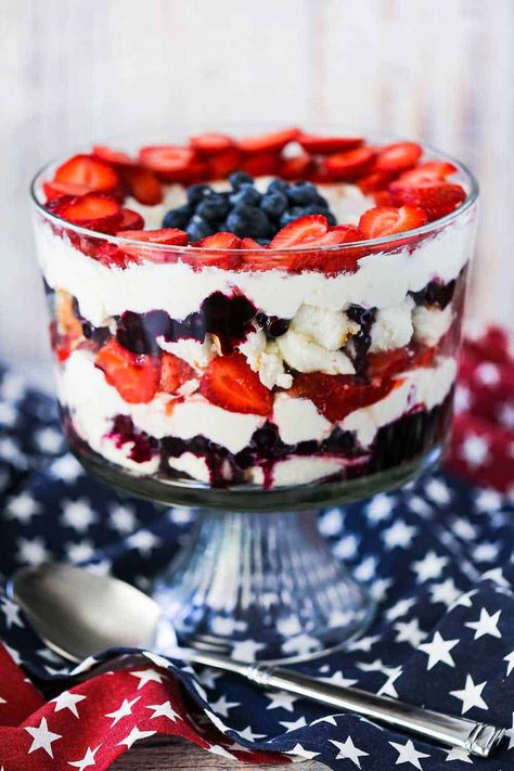 A red, white, and blue trifle sitting on top of a patriotic table cloth next to a large silver serving spoon. Trifle Bowl Recipes, Memorial Day Desserts, Trifle Dessert Recipes, Memorial Day Foods, Berry Trifle, Coconut Dessert, Dessert Parfait, Patriotic Desserts, Trifle Desserts