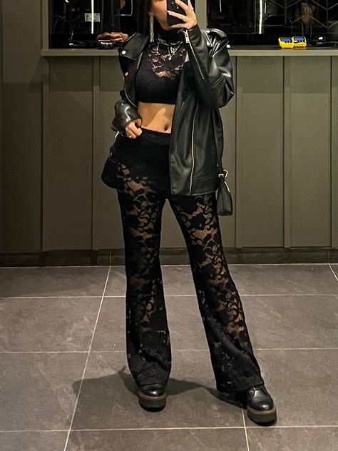 Black Lace Trousers Outfit, Black Lace Pants Outfit, Lace Trousers Outfit, Studded Outfit, All Black Night Out Outfit, Black Lace Skirt Outfit, Rave Inspo Outfits, Lace Pants Outfit, Black Lace Pants