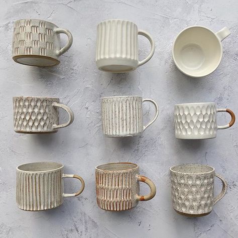 K_Ceramics auf Instagram: „FLATLAY - Day 3 #marchmeetthemaker @joannehawker Collection of mugs. No two are the same and I like that they're all related but…“ | Love these hand thrown mugs! #pottery #ceramics Ceramic Etching Ideas, Underglaze Mug Painting, Set Of Ceramic Mugs, Handbuilding Ceramics Ideas, Textured Mug Ceramics, Small Ceramic Projects, Ceramics Ideas Pottery Creative, Mug Forms, Mug Inspiration