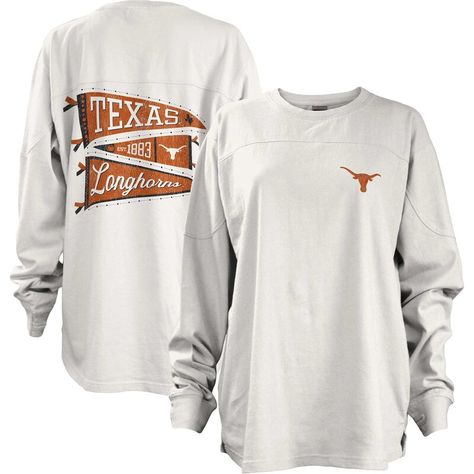 The Women's Pressbox White Texas Longhorns Pennant Stack Oversized Long Sleeve T-Shirt is the perfect way to show your unwavering support for the Texas Longhorns. With its distressed screen print graphics and front and back yoke seams, this oversized tee is sure to turn heads. The rounded hem with side splits and thumbholes add a touch of style and comfort, making it the perfect choice for any Longhorns fan. Nebraska Huskers, Mississippi State Bulldogs, Oklahoma State Cowboys, Kansas State Wildcats, Michigan State Spartans, Florida State Seminoles, Arkansas Razorbacks, Oversized Long Sleeve, Texas Longhorns