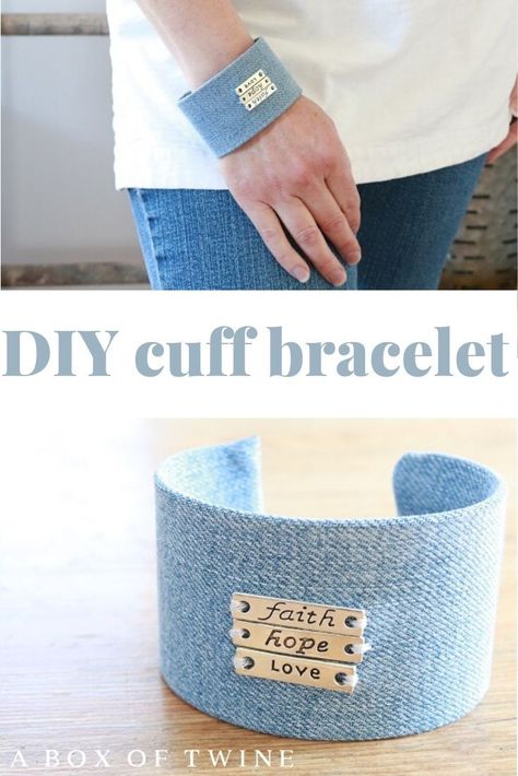 Demin Jewelry Diy, Metal Cuff Bracelet Ideas, Denim Cuff Bracelet Diy Tutorials, Denim Bracelets Diy Old Jeans, Diy Cuff Bracelets, Diy Denim Bracelets, Fabric Cuff Bracelets Diy, Denim Bracelets, Fabric Bracelets Diy