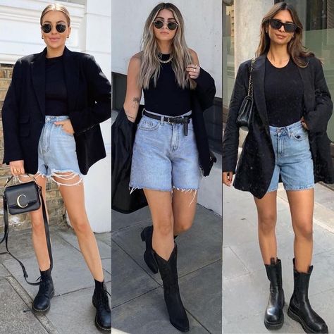 Bermuda Shorts Outfit Street Styles, Denim Bermuda Shorts Outfit, Short Boots Outfit, Ootd Casual Chic, Leather Shorts Outfit, Fall Boots Outfit, Jean Short Outfits, Denim Shorts Outfit, Jeans Outfit Fall