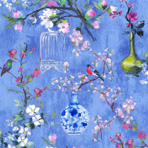 Istoriato Cobalt Fabric | Designers Guild Wallpaper Powder Rooms, Designers Guild Wallpaper, Designers Guild Fabric, Tricia Guild, Powder Room Wallpaper, Pip Studio, Hur Man Målar, Flowers Blue, Exotic Birds