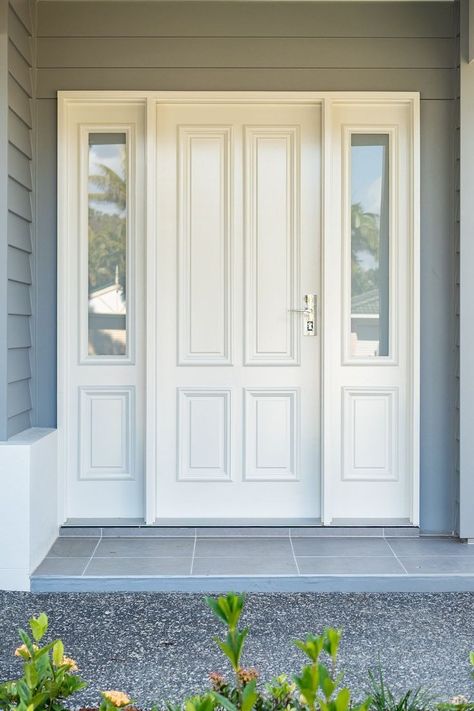 Ivory Front Door, Front Door Design White, White Double Doors Exterior Entrance, White Door Entrance, White Front Door Exterior, White Entry Door, White Entrance Door, White Exterior Door, Entry Door Styles