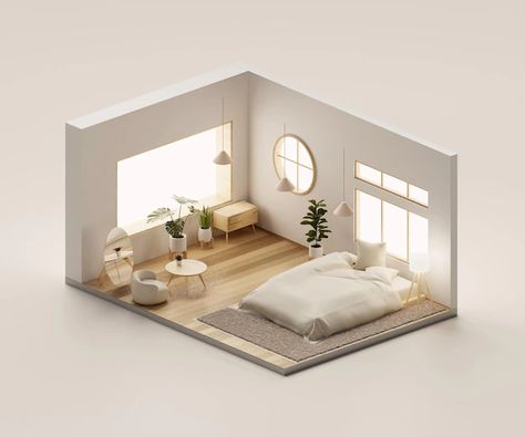 3d View Of House Interior, Interior Isometric View, Interior Design 3d Render, Maquette Interior Design, 3d Room Design Interiors, Minimal Room Bedroom, Interior Rendering Architecture, Bedroom Isometric, Rendering Digital Art