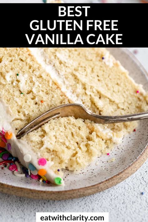 This is the best gluten free vanilla cake recipe. It's made in one bowl, dairy free and topped with a simple vanilla buttercream frosting. You can make it funfetti so it's the perfect cake recipe for a birthday or party. Best Gluten Free Vanilla Cake Recipe, Gluten Free Birthday Cake Recipe, Gluten Free Vanilla Cake Recipe, Best Gluten Free Cake Recipe, Dairy Free Vanilla Cake, Gluten Free Dairy Free Cake, Dairy Free Birthday Cake, Dairy Free Buttercream, Dairy Free Cake Recipe