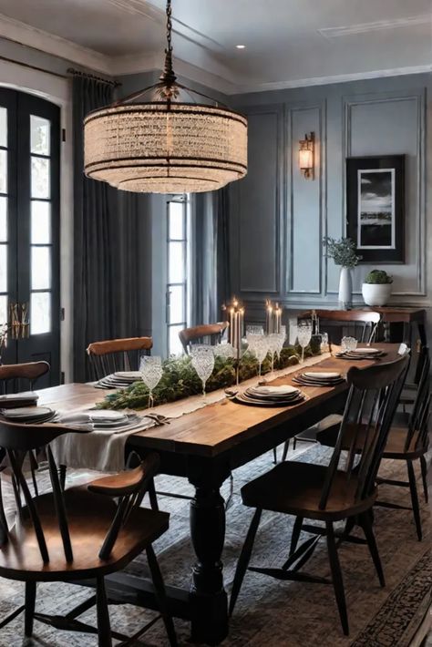 Lively family gathering around an extended farmhouse dining table Dining Room Table Dark Wood, Rh Inspired Dining Room, Dark Moody Dining Room, Southern Dining Room, European Dining Room, Transitional Style Dining Room, Dining Room Formal, Farmhouse Dining Tables, Timeless Dining Room