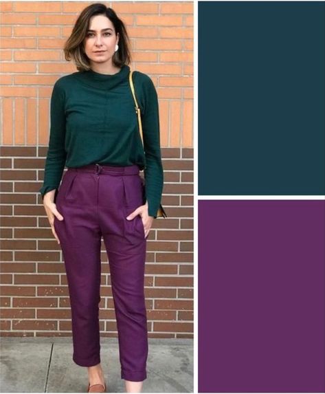 Dark Green Outfit Color Combos, Purple Matching Colors Outfit, Purple Pants Outfit, Informal Attire, Deep Autumn Color Palette, Colour Combinations Fashion, Look Office, Color Combos Outfit, Mode Tips