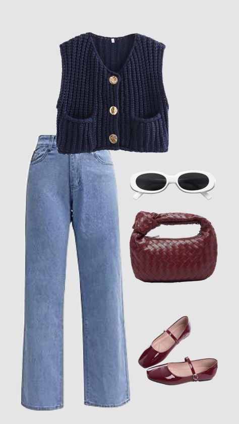 #navy #blue #burgundy #jodiebag #maryjanes #flats #fall #trend #sunglasses #vest Navy Blue Vest Outfit, Blue Vest Outfit, Trend Sunglasses, Burgundy Vest, Navy Blue Vest, Fall Trend, Blue Vest, Fall Semester, Vest Outfit