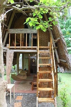 Bamboo Villa, Bedroom With Double Bed, Panglao Bohol, Nipa Hut, Bed Fan, Luxury Tree Houses, Hut House, Tropical House Design, Bamboo House Design