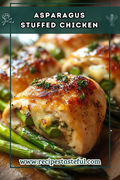 Tender chicken breasts are rolled around provolone cheese and fresh asparagus, baked to perfection, and drizzled with a creamy artichoke and spinach sauce. This dish is a delightful blend of flavors and textures, perfect for any dinner occasion. Chicken Wrapped Asparagus, Asparagus Wrapped Chicken, Baked Chicken And Asparagus Recipes, Chicken Breast With Asparagus Recipes, Chicken Stuffed Asparagus, Chicken And Asparagus, Chicken And Asparagus Recipes, Chicken Stuffed With Asparagus, Stuffed Chicken Breast