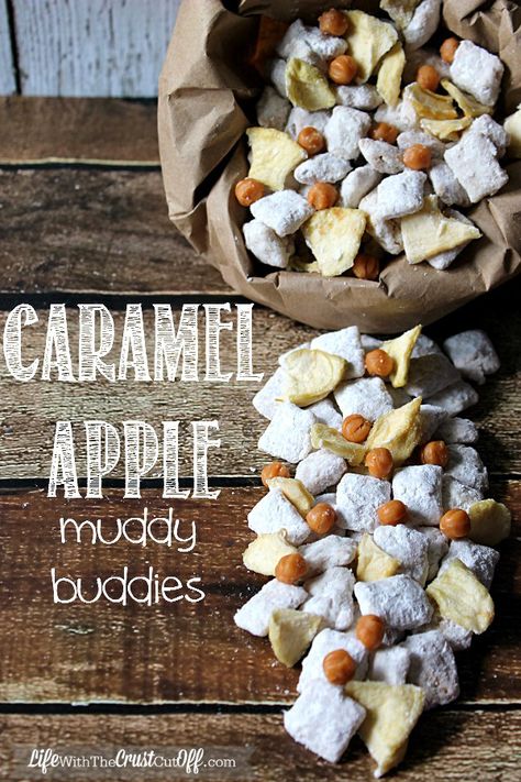 Caramel Apple Muddy BuddiesLife With The Crust Cut Off Chex Mix Puppy Chow, Muddy Buddies Recipe, Caramel Apples Recipe, Fall Apple Recipes, Puppy Chow Recipes, Chex Mix Recipes, Muddy Buddies, Fall Snacks, Snack Mix Recipes