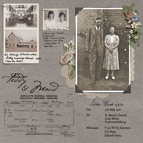 Heritage Album Family History Book Layout, History Scrapbook, Genealogy Scrapbook, Heritage Scrapbooking Layouts, Genealogy Crafts, Heritage Wedding, Ancestry Scrapbooking, Family Tree Book, Heritage Scrapbook Pages