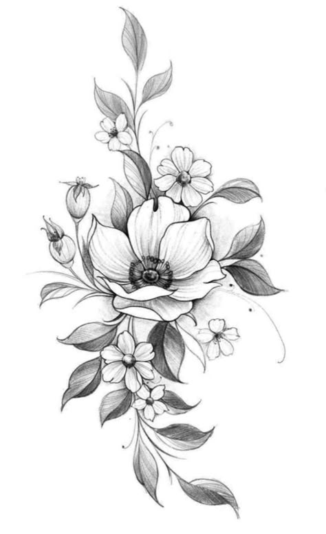 Floweral Tattoo Design, Flower Pieces Tattoo, Swallow Flower Tattoo, Floral Tattoo Drawing, Floral Tattoo Sketch, Flower Ornamental Tattoo, Tattoo Flowers Design, Blackwork Floral Tattoo, Flower Drawing Tattoo