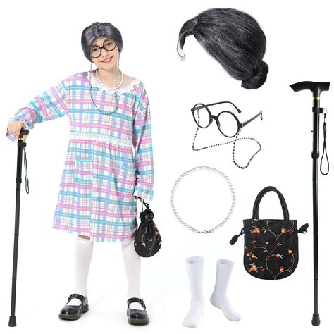 PRICES MAY VARY. Complete Package: It comes with a wig, dress, glasses, knee-high socks, a pearl necklace, and a cane. With these accessories, you are ready to embrace the role of a charming old grandma. High-Quality Fabric: The costume’s checkered dress is made from premium quality fabric, ensuring both comfort and durability. Not only can it be used as a costume for special occasions, but it is also suitable for everyday wear. You can enjoy the style and comfort of the dress even beyond dress- 100 Days Of School Costume, Old Lady Wig, Granny Costume, Old Man Costume, Pink Ladies Jacket, Old Grandma, Old Lady Costume, School Costume, Baby Costumes Girl