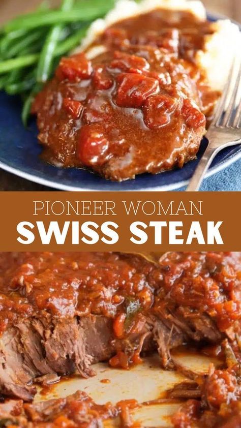 This Pioneer Woman Swiss Steak is really one of the best and easiest Swiss Steak recipes ever! Inspired by the Pioneer Woman herself, this homemade recipe is made with bottom round beef, seasoned with salt and pepper, and dredged in flour. It’s then baked in the oven in a rich sauce made from onions, garlic, celery, tomato paste, diced tomatoes, and beef broth for about 1 1/2 to 2 hours. Diced Beef Recipes, Swiss Steak Recipe, Easiest Recipes Ever, Swiss Steak Recipes, Round Steak Recipes, Steak In Oven, Pepper Steak Recipe, Steak And Onions, Baked Steak