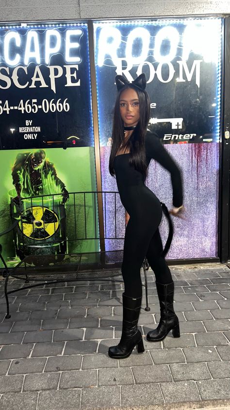 Cat Halloween Costume Black Women, Black Cat Custome Halloween Women, Women’s Black Cat Costume, Cat For Halloween Costumes, Cat Woman Outfit Halloween, Kitty Cat Costume Women, Cat Girl Halloween Costume, Black Cat Costumes Women, Cat Woman Costume Black Woman