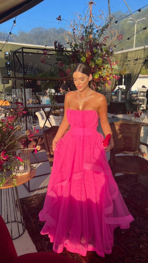 Pink Bride Dress, Hot Pink Gown, Pink Long Prom Dress, Hot Pink Bridesmaid Dresses, Strapless Bridesmaid Dress, Prom Dresses Long Pink, Tulle Sleeves, Wedding Attire Guest, Party Gown