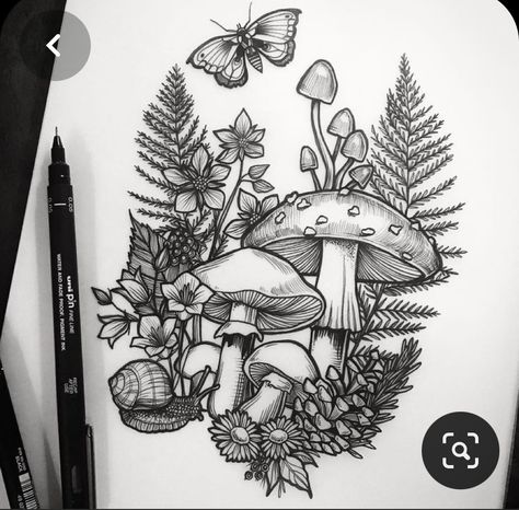 Botanical Tattoo With Mushroom, Mushroom And Floral Drawing, Earthy Tattoo Sleeve Women, Floral Fill In Tattoo, Mushroom Field Tattoo, Tree And Mushroom Tattoo, Feminine Spiderweb Tattoo, Cottage Core Tattoos Ideas, Add On Tattoo Ideas Thigh Piece