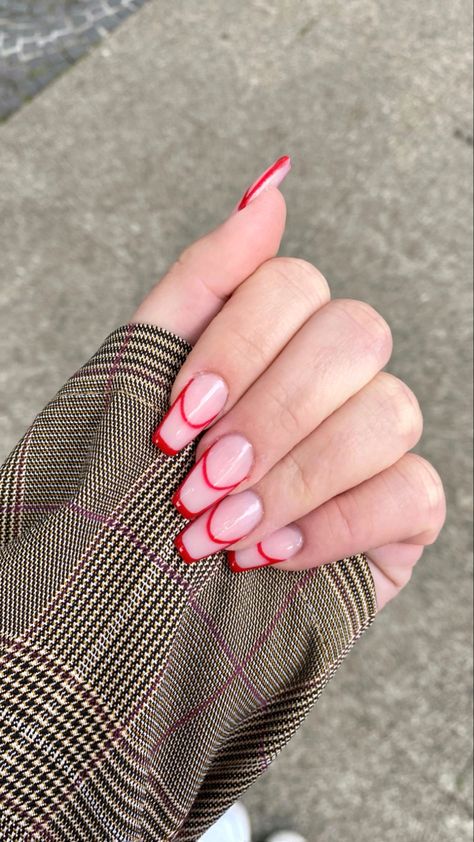 Double Line French Tip Nails Red, Red French Outline Nails, Double French Square Nails, Red Outline French Tip Nails, Square Double French Nails, Red French Nails Design Square, Red Line Nail Designs, French Nails Double Line, Red Double French Nails