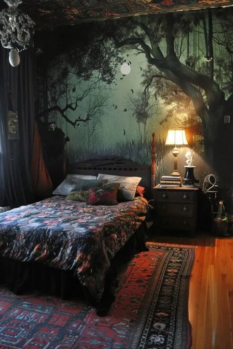 Cave Bedroom Aesthetic, Witchy Bedrooms, Witch Bedroom Ideas, Witch Room Aesthetic, Witch Aesthetic Bedroom, Witch Bedroom, Witchy Bedroom Ideas, Dark Maximalism, Witch Bedrooms