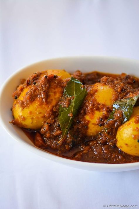 Andhra-Style Spicy Egg Curry Recipe | ChefDeHome.com Spicy Egg Curry Recipe, Braised Chicken Breast, Cooking Curry, Spicy Eggs, Egg Curry, Curry Recipe, Indian Food Recipes Vegetarian, Indian Cooking, Chicken Crockpot Recipes