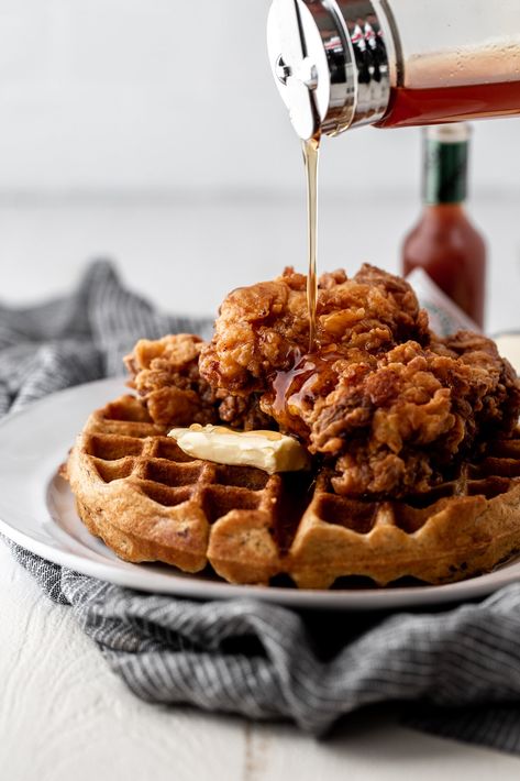 Fried chicken and waffles with hot sauce maple syrup recipe from cooking with cocktail rings #brunch #waffles #friedchicken Maple Syrup Recipes, Boiled Chicken Breast, Fried Chicken And Waffles, Buttermilk Fried Chicken, Chicken And Waffles, Syrup Recipe, Waffle Recipes, Breakfast For Dinner, Sweet Savory