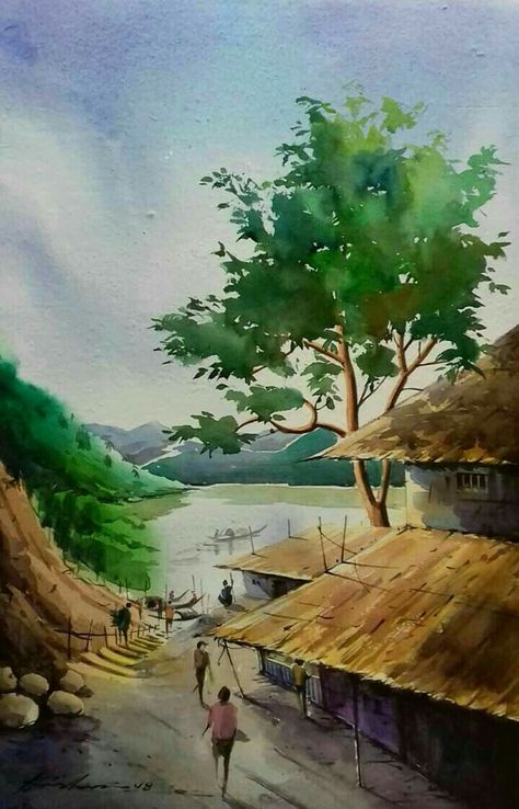 Easy Landscape Paintings, Watercolor House Painting, Watercolor Scenery, Beautiful Landscape Paintings, Watercolor Art Landscape, Watercolor Paintings Nature, Watercolor Paintings For Beginners, Scenery Paintings, Watercolor Paintings Easy