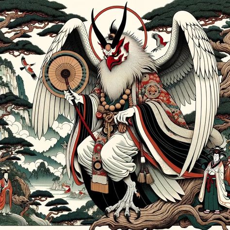 Tengu (天狗?, heavenly dog) are a type of legendary creature in Japanese folk religion, and they are also considered Shinto gods (kami) or yōkai. Although their name contains the. Shinto Gods, Japanese Yokai, Japanese Mythology, Mythology Tattoos, Japanese Folklore, Japanese Artwork, Legendary Creature, Masks Art, Japanese Woodblock Printing