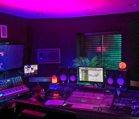 Recording Studio Aesthetic, Bedroom Music Studio, Music Studio Aesthetic, Studio Aesthetic, Neon Bedroom, Balcony Lighting, Music Studio Room, Neon Room, New Retro Wave