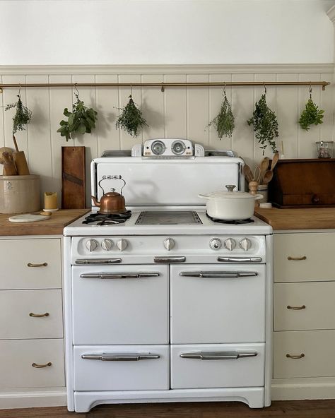 Vintage stove in newly renovated kitchen with herbs drying on brass rail behind. Vintage Stove Kitchen, Galley Kitchen Apartment, Kitchen With Herbs, Herbs Drying, Brass Rail, Vintage Stove, Small Galley Kitchen, Family Of 7, New Cabinets