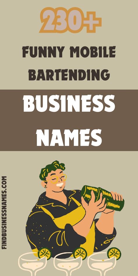 Find the perfect blend of humor and creativity with these funny mobile bartending business names! 

Spice up your brand with a name that leaves a lasting impression and makes your services unforgettable. 

#FunnyMobileBartendingBusinessNames Bar Names Catchy, Mobile Bartending Business Names, Mobile Bar Names, Mobile Bartending Business, Bartending Business, Bar Names, Mobile Bartending, Names Cute, Spanish Names