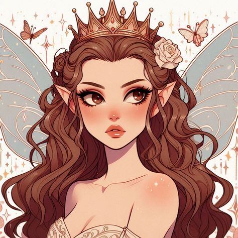 Elf Crown Drawing, Aesthetic Brown Hair, Crown Drawing, Face Profile, Fairy Images, Gamer Pics, Aesthetic Brown, Girl Pfp, Fairy Aesthetic