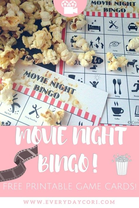 Family Movie Night Idea: Movie Bingo [ With Free Printables! ] #FamilyNight #FamilyMovie #Bingo #KidsActivities #DIY #Parenting Family Game Night Basket, Movie Night Printables, Movie Bingo, Kids Game Night, Best Family Board Games, Printable Bingo Games, Bingo Night, Free Printable Games, Home Movie