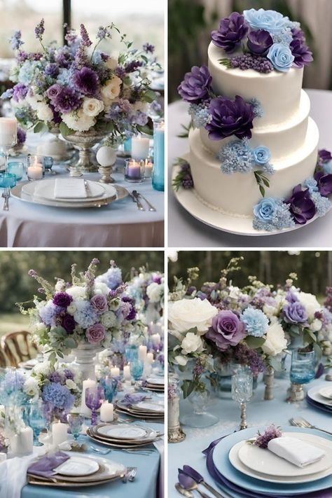 Dusty Blue And Plum Wedding, Lavender And Blue Wedding Theme, Blue And Purple Wedding Theme, Lilac And Blue Wedding, Cheap Wedding Decoration Ideas, Baby Blue Wedding Theme, Katrina Wedding, Purple And Blue Wedding, Royal Purple Wedding