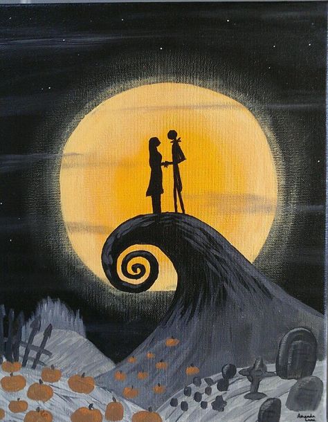 Nightmare before Christmas! Ready for Halloween :) Nightmare Before Christmas Moon Scene, Tim Burton Inspired Painting, Easy Painting Ideas On Canvas Nightmare Before Christmas, Halloween Painting Nightmare Before Christmas, Nightmare Before Christmas Art Drawing, Nightmare Before Christmas Painted Pumpkin Ideas, Night Mare Before Christmas Paintings, Nightmare Before Christmas Canvas Art, Nightmare Before Christmas Painting Ideas