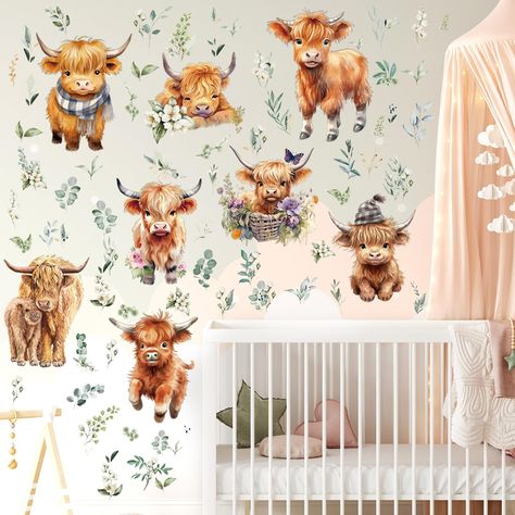 PRICES MAY VARY. What You Will Get: package includes 12 sheets of highland cow wall decors, with exquisite and cute elements, like highland cow and eucalyptus leaves; Sufficient quantity is ideal for your child to DIY an adorable and unique space Eye Catching Design: each sheet of highland cow nursery decor measures about 32 x 27 cm/ 12.5 x 10.6 inch, can be noticed from a distance, suitable for decorating bedroom, living room, classroom, nursery, kindergarten, daycare and so on, which will attr Nursery Ideas Highland Cow, Highland Cow Nursery Theme, Highland Cow Pictures, Cow Stickers, Cow Wall Decor, Baby Wall Decals, Cow Nursery, Baby Nursery Wall Decor, Cow Baby Showers