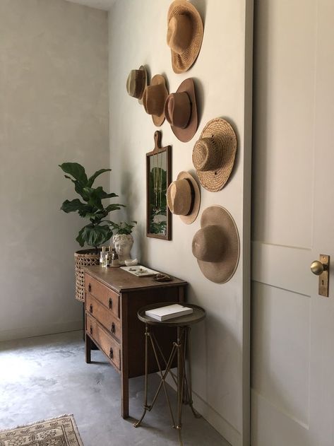 Wall Hat Display Ideas, Hat Display Ideas, Hat Wall Display, Office Music Room, Wall Hats, Hat Wall, Small Courtyard Gardens, Hanging Hats, Small Courtyards