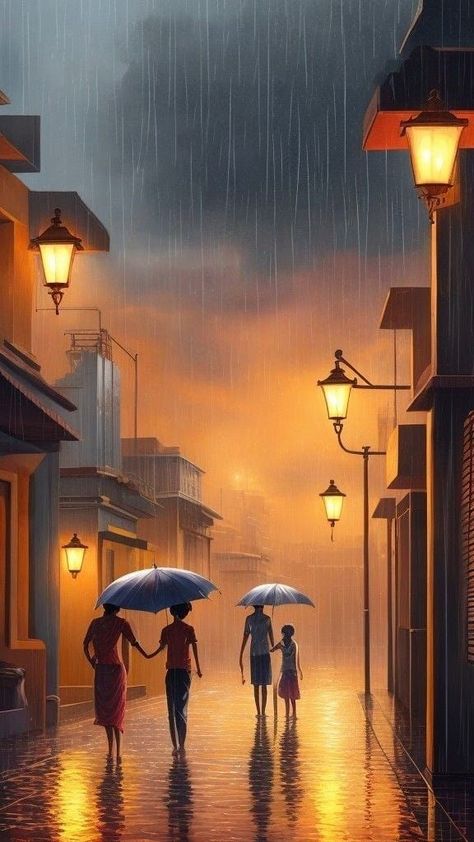 Rain Landscape Painting, Rainy Landscape Paintings, Streets Illustration, Canvas Ideas Easy, Love Canvas Painting, Abstract Canvas Art Acrylics, Yellow Poster, Umbrella Painting, Abstract Portrait Painting