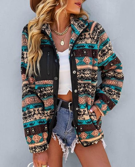 SELINK Womens Fleece Jacket Western Aztec Print Long Sleeve Snap Button Down Shacket Jackets with Pockets Plush Coat, Fleece Jacket Womens, Cardigan Casual, Sleeves Clothing, Casual Vest, Street Look, Business Outfit, Sherpa Jacket, Warm Jacket