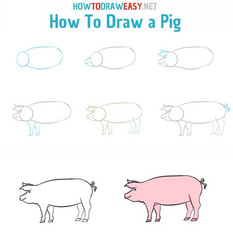 Pig Drawing Simple, Pig Drawing Easy, Pig Outline, Very Easy Drawing, How To Draw Ears, Pink Marker, Pig Drawing, Barn Animals, Rock Garden Design