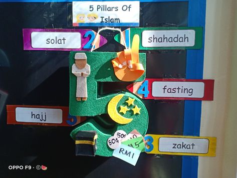 5 Pillars Of Islam Poster, Islamic Charts For School, Five Pillars Of Islam Project, Five Pillars Of Islam For Kids, 5 Pillars Of Islam For Kids, Islamic Projects For School, 5 Pillars Of Islam Craft, Chart Design For School Project, Diary Writing Ideas Creative